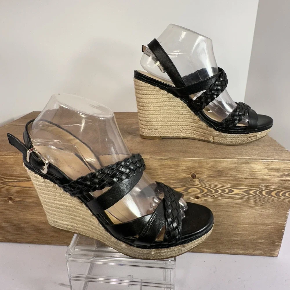 ANTONIO MELANI Women SZ 8.5-9 Black Leather Strappy Platform Wedges Sandals Boho